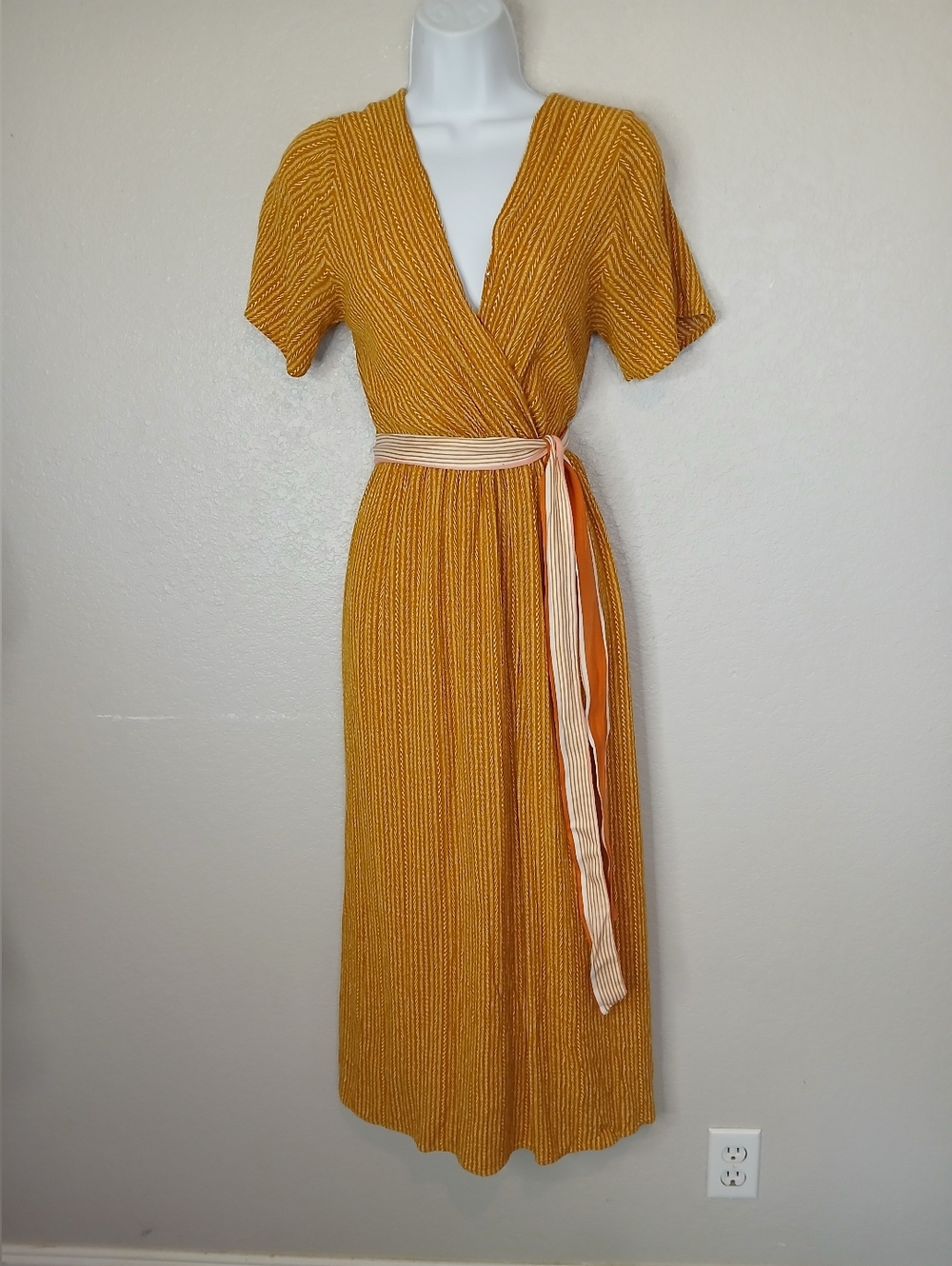 Polagram Mustard Mock Wrap Midi Dress with Contrast Waist Tie Boho Size Small
